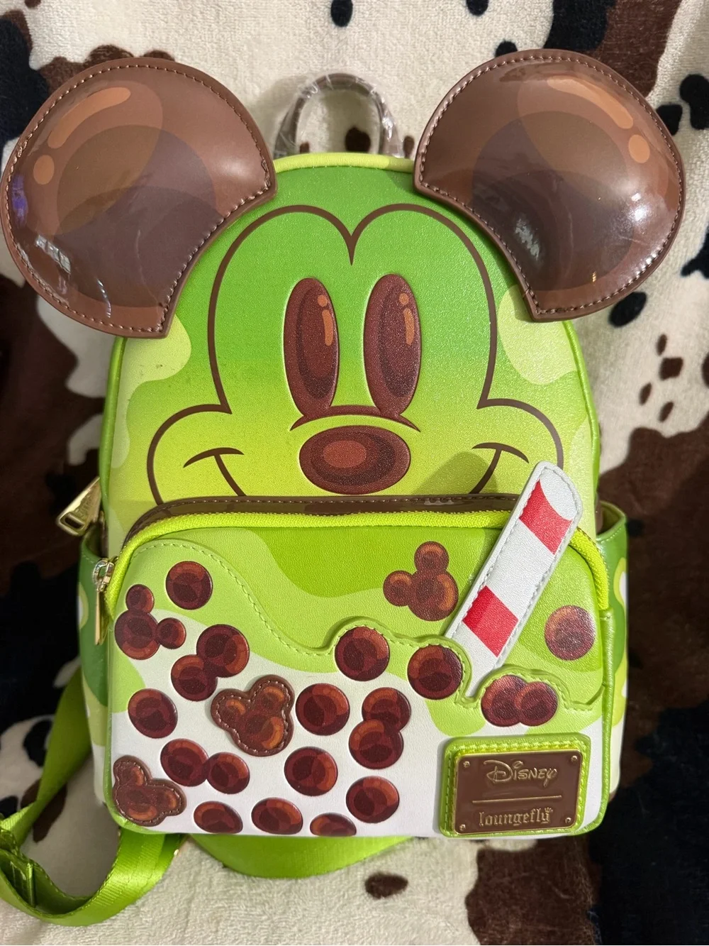 Loungefly Green Mickey Bubble Tea Kids Mini Backpack with Brown Ears